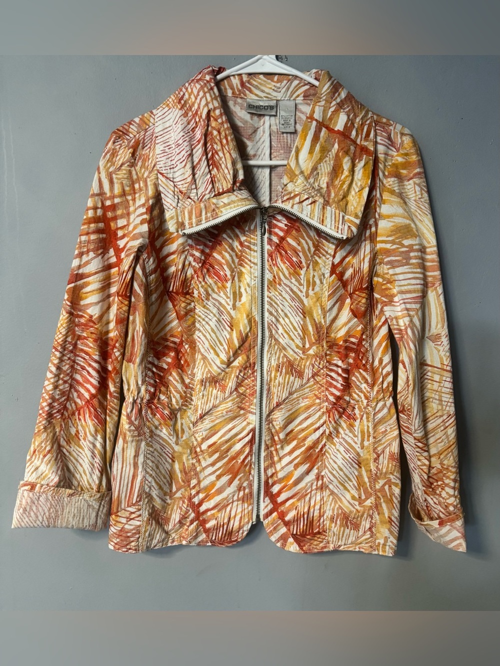 Chico's Women Orange & Yellow Palm-Print Zip Bomber Jacket Size 0